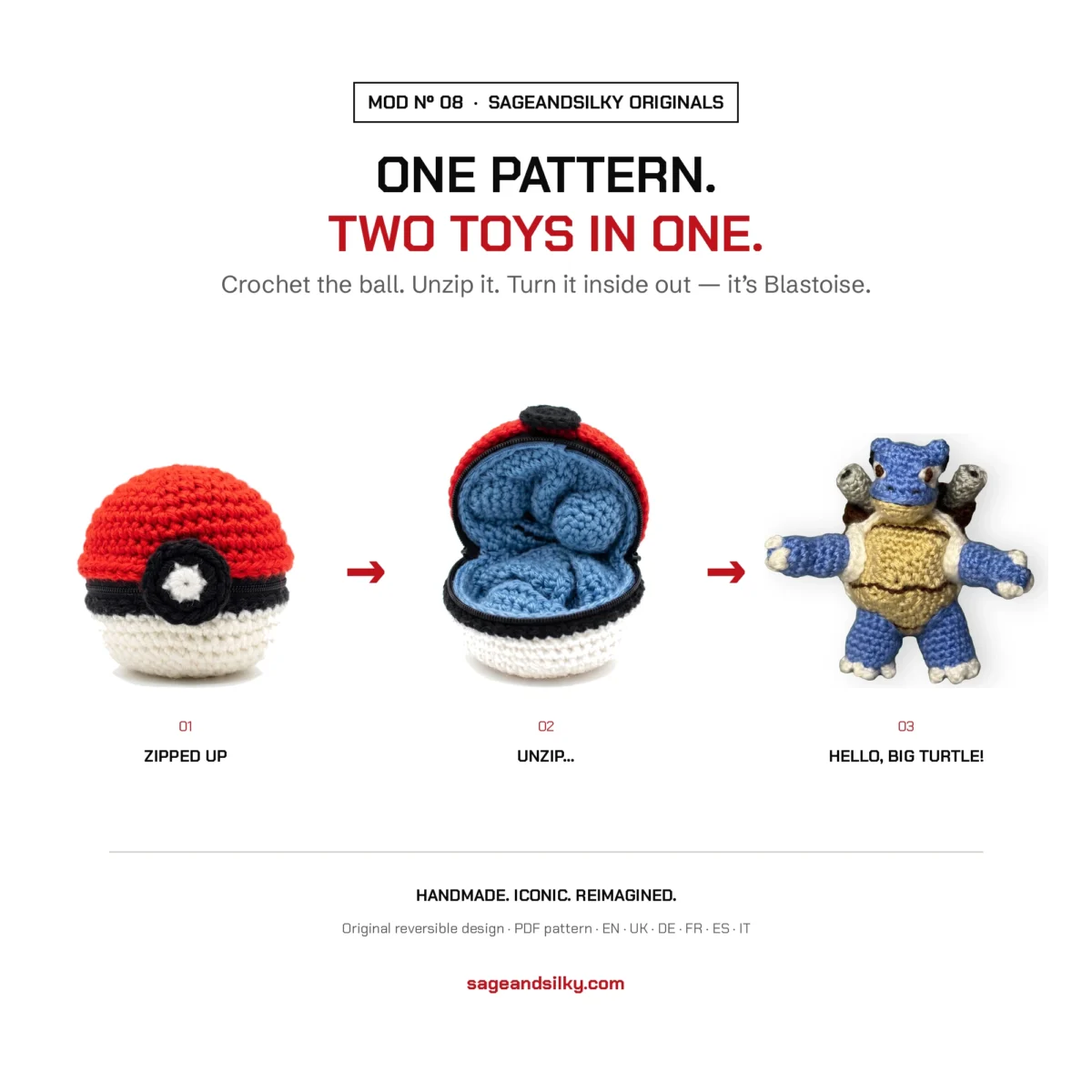 Blastoise reversible crochet pattern — three-step reveal from ball to toy, MOD Nº 08