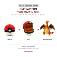 Charizard reversible crochet pattern — three-step reveal from ball to toy, MOD Nº 01
