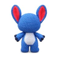 back view of the crochet blue alien pattern keychain amigurumi, full body with big floppy ears