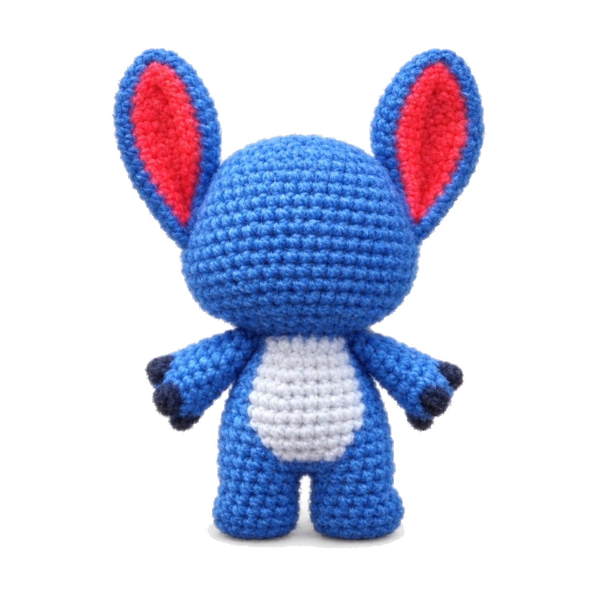 back view of the crochet blue alien pattern keychain amigurumi, full body with big floppy ears