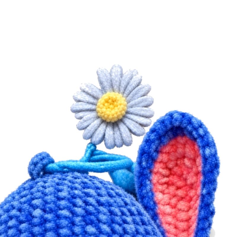 crochet blue alien pattern keyring charm detail