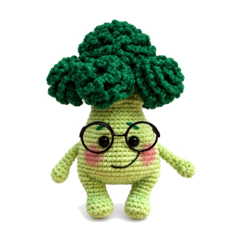 crochet broccoli pattern - finished amigurumi baby broccoli with glasses, front view