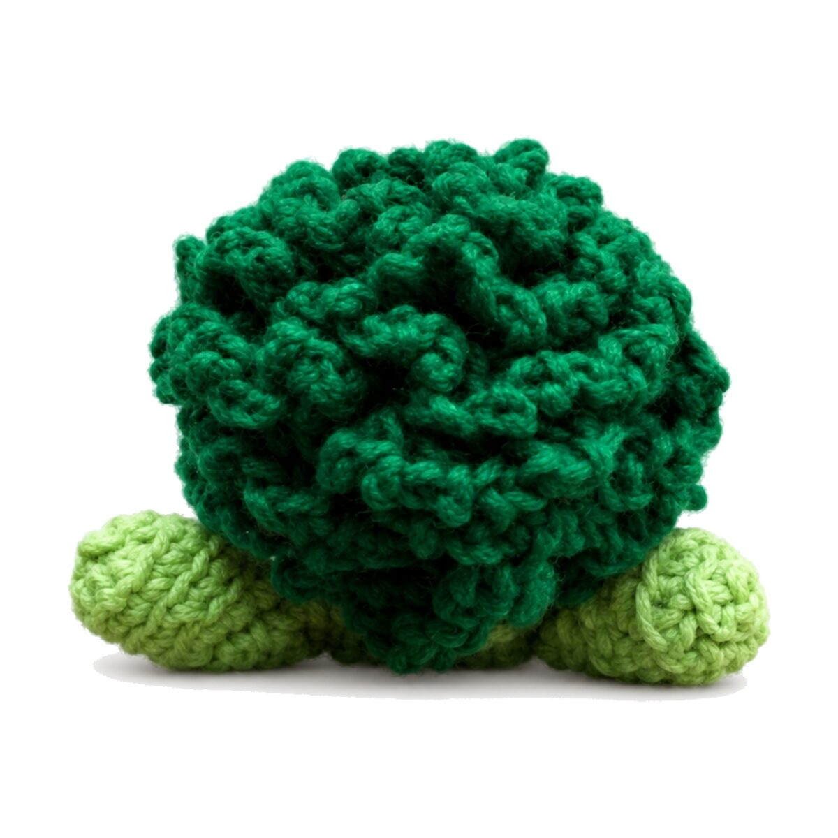 Close-up back view of the dark-green surface-crochet floret crown on the crochet broccoli pattern amigurumi, arms visible
