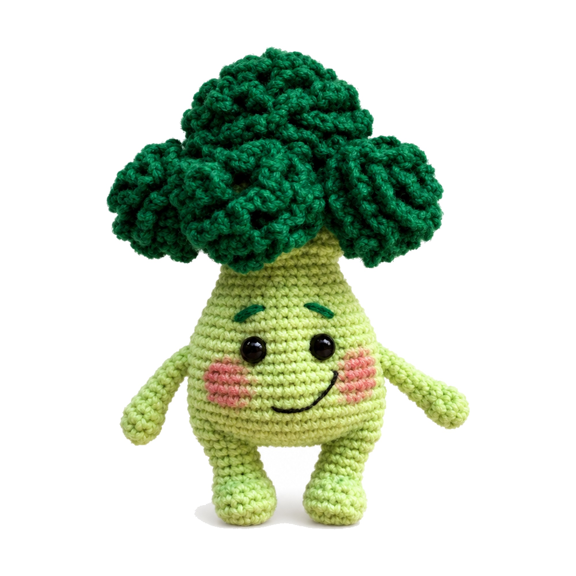 The finished crochet broccoli pattern amigurumi with blushed pink cheeks and dark-green floret crown, front view without glasses