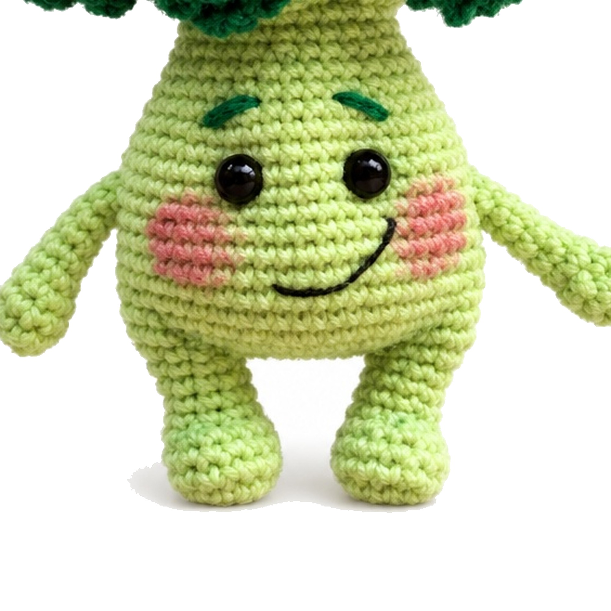 Close-up of the crochet broccoli pattern amigurumi showing face, blushed cheeks, horizontal body stitches and rounded legs