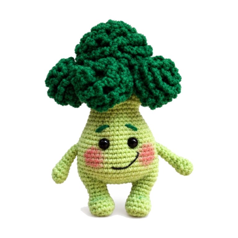 crochet broccoli pattern - finished amigurumi baby broccoli, front view, no glasses