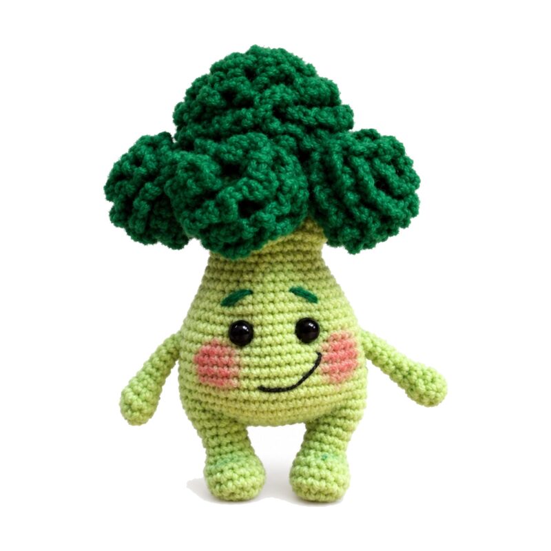 crochet broccoli pattern - finished amigurumi baby broccoli, front view, no glasses