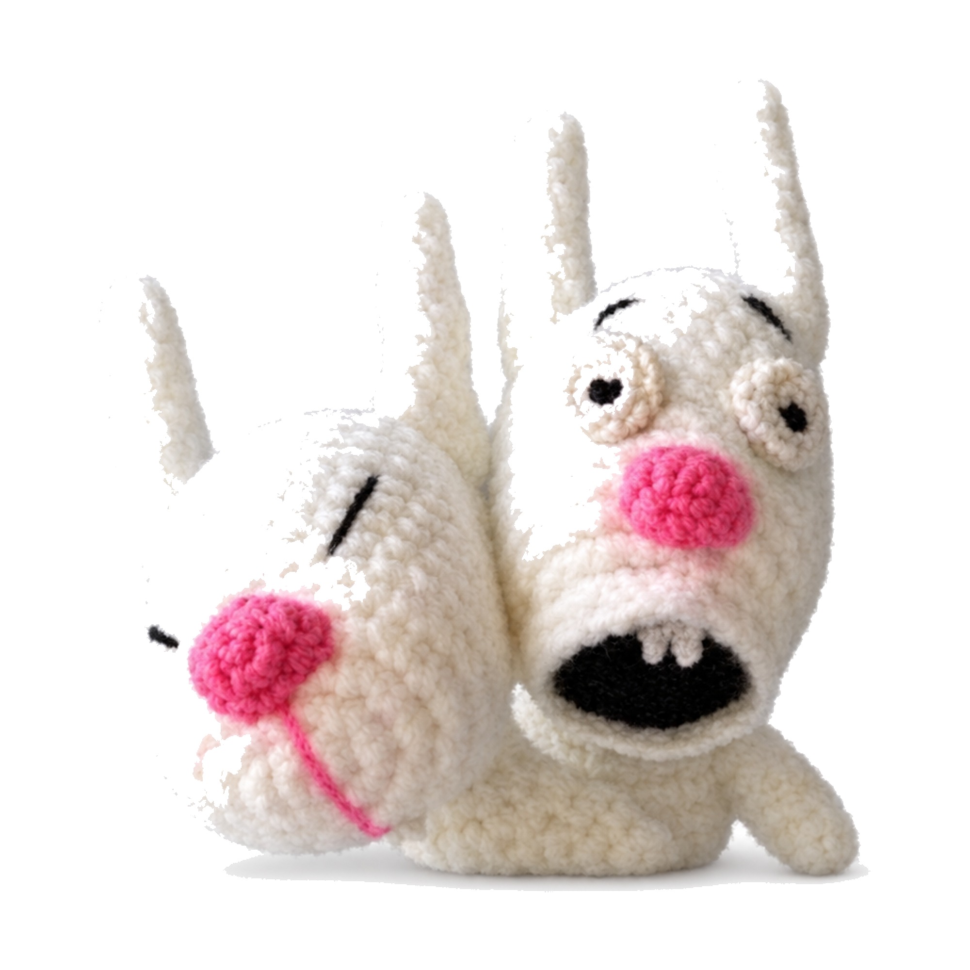 Close-up of both amigurumi bunny faces from the crochet bunnies on sled pattern