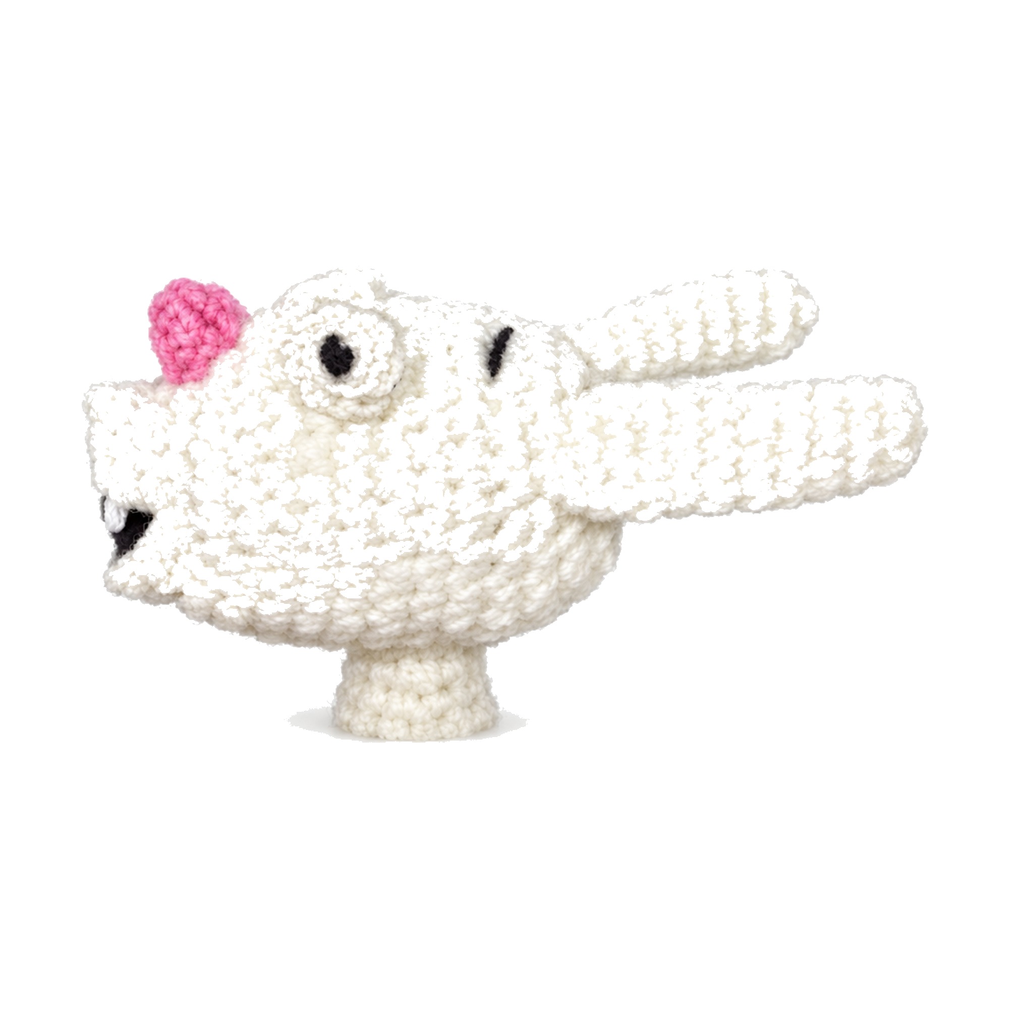 The wide-awake amigurumi bunny from the crochet bunnies on sled pattern, with an open felt-lined mouth