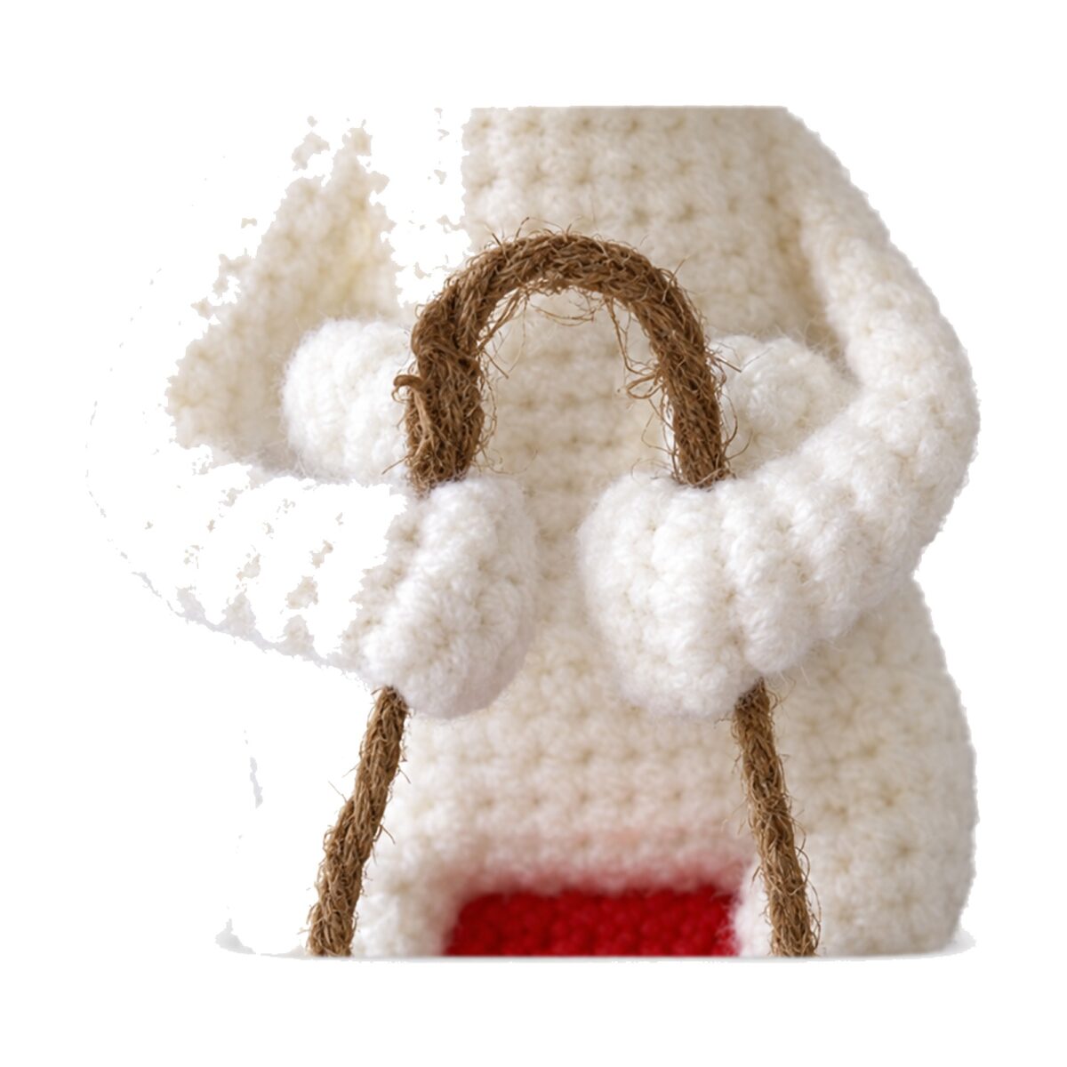 The jute rope harness detail from the crochet bunnies on sled pattern, gripped in the bunnies' paws