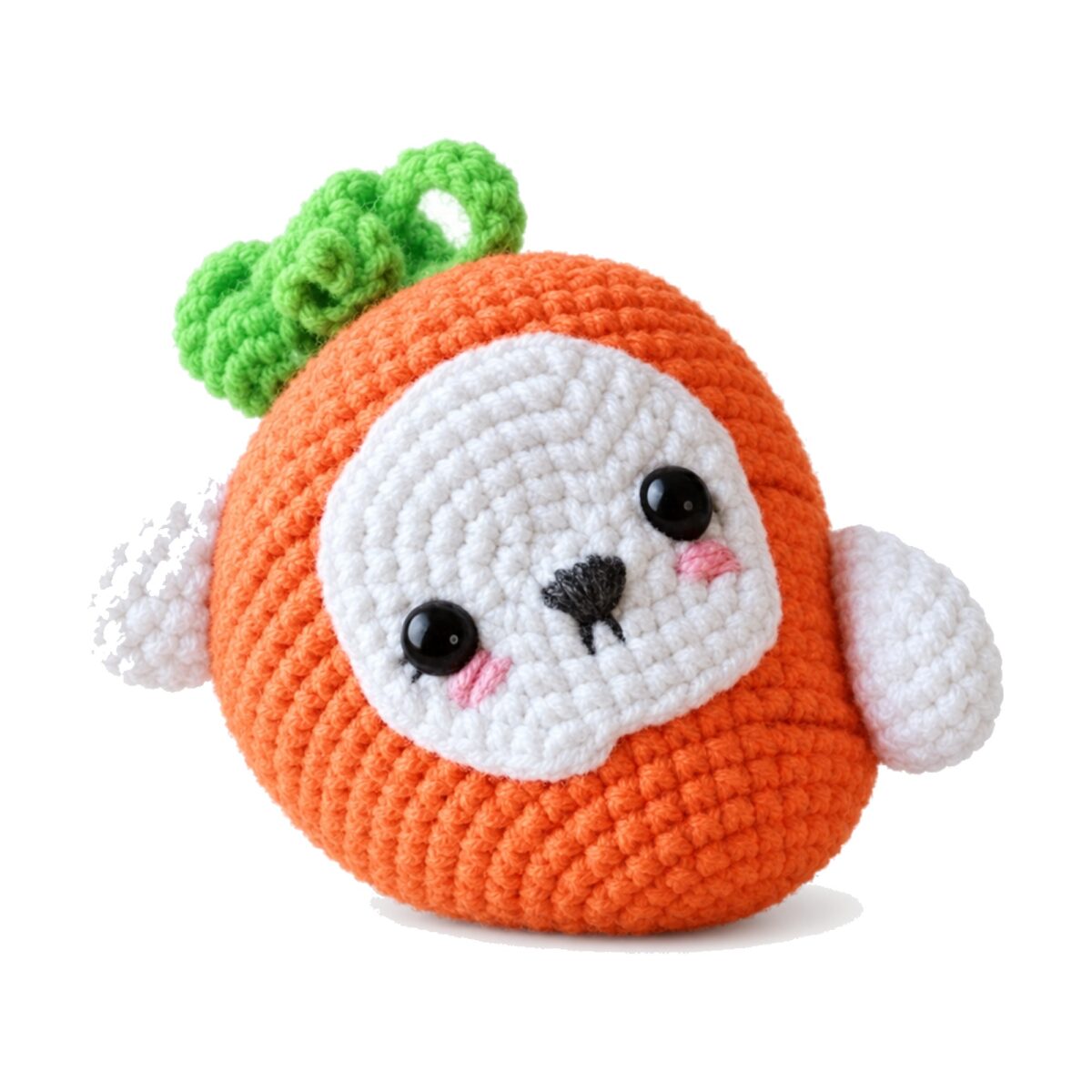 Face close-up from the crochet bunny carrot pattern, bead eyes and embroidered nose