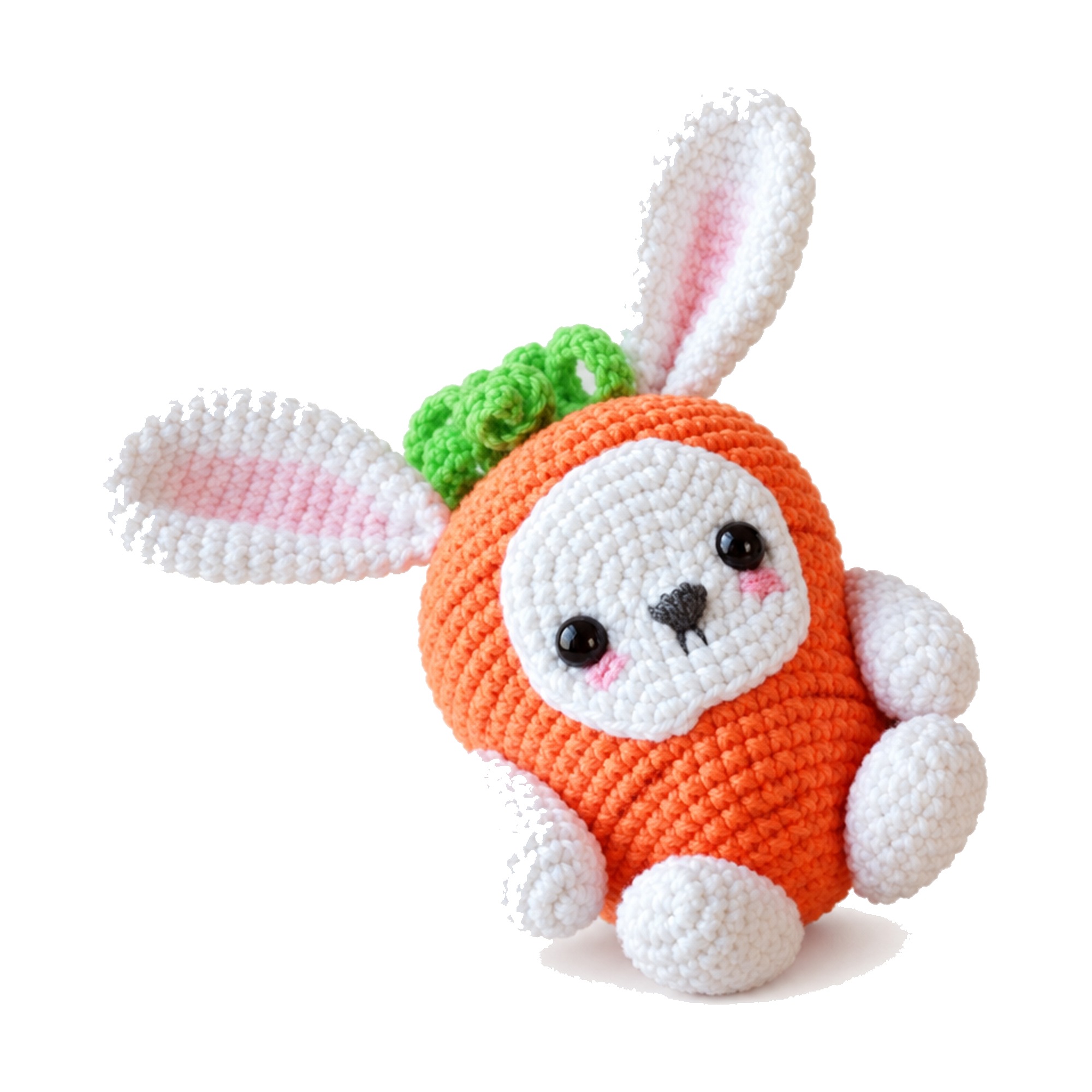 Front view of the finished crochet bunny carrot pattern toy, sitting with floppy ears