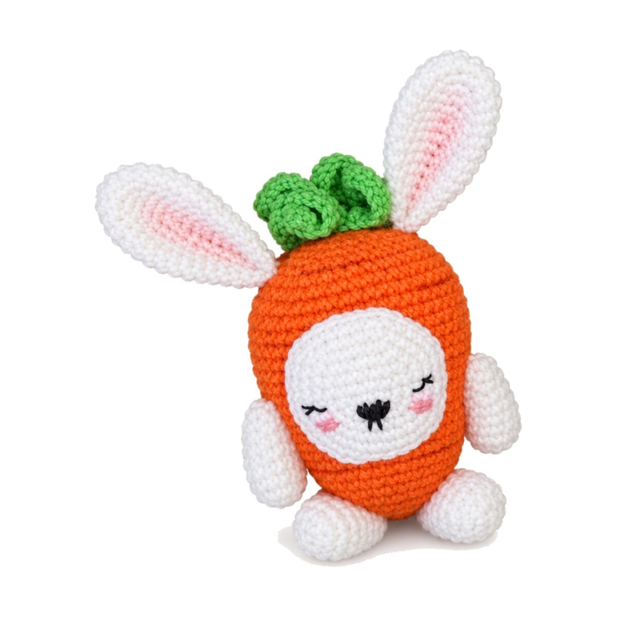 Crochet bunny carrot pattern, face close-up, sleepy eyes