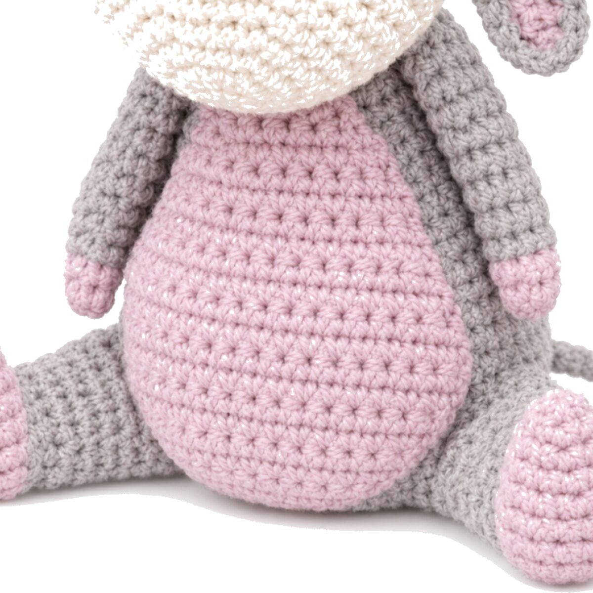 The pink belly panel on the crochet donkey pattern, with the grey arms and legs around it