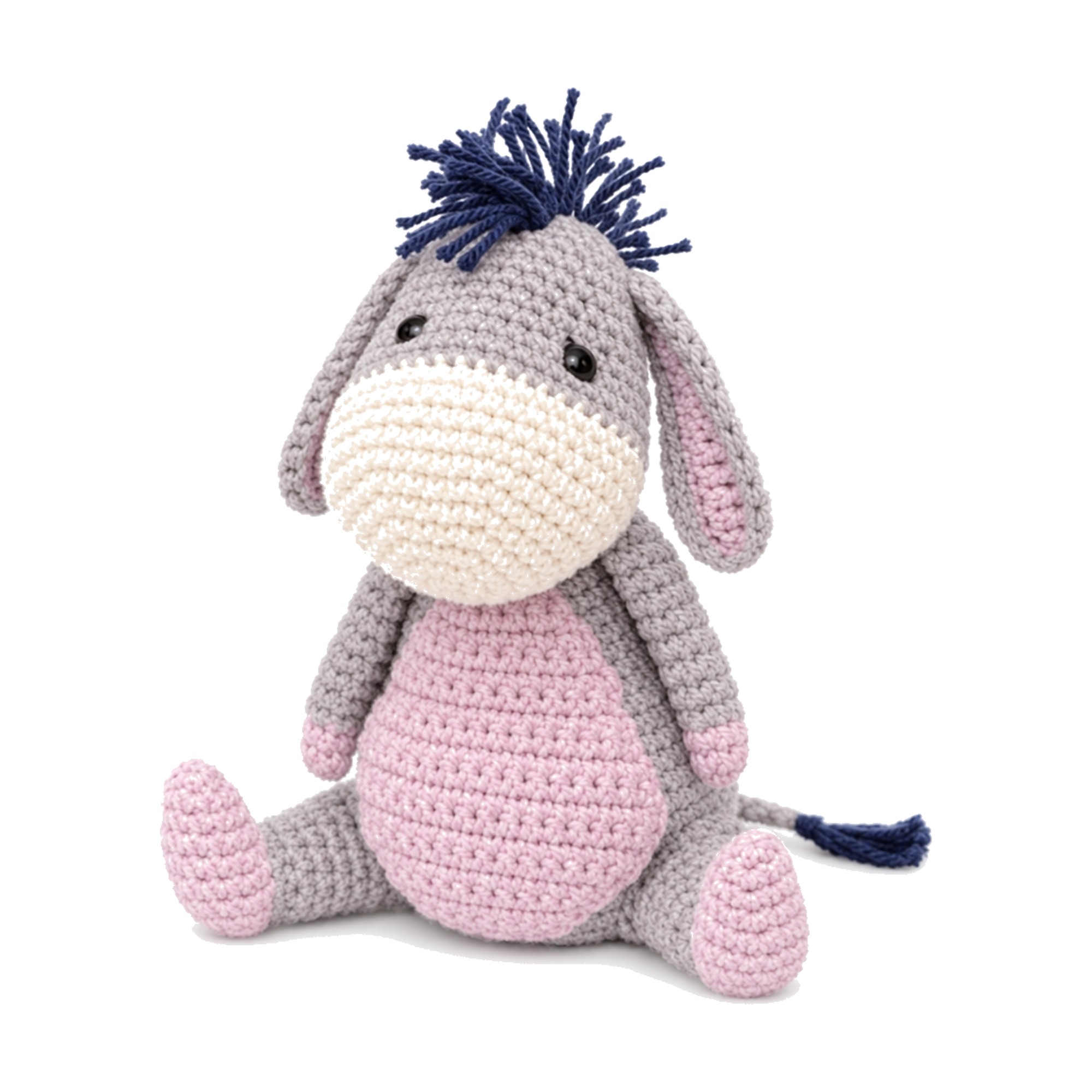 The finished crochet donkey pattern, grey amigurumi donkey with a cream muzzle, pink belly and navy mane