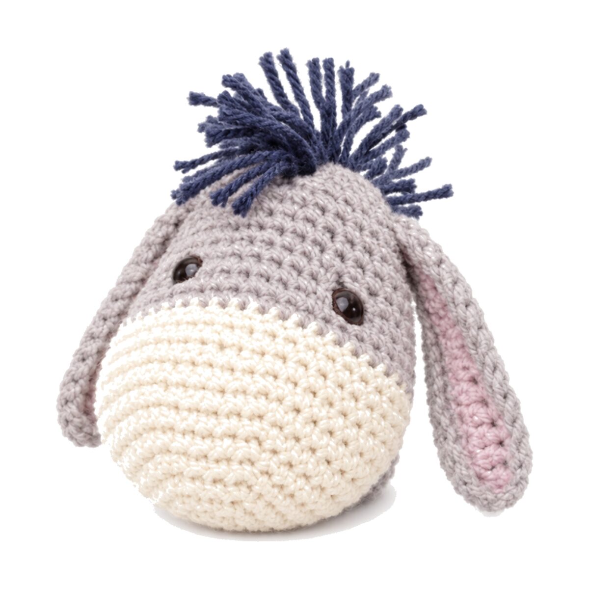 Close-up of the crochet donkey pattern's face, with its cream muzzle band and safety eyes
