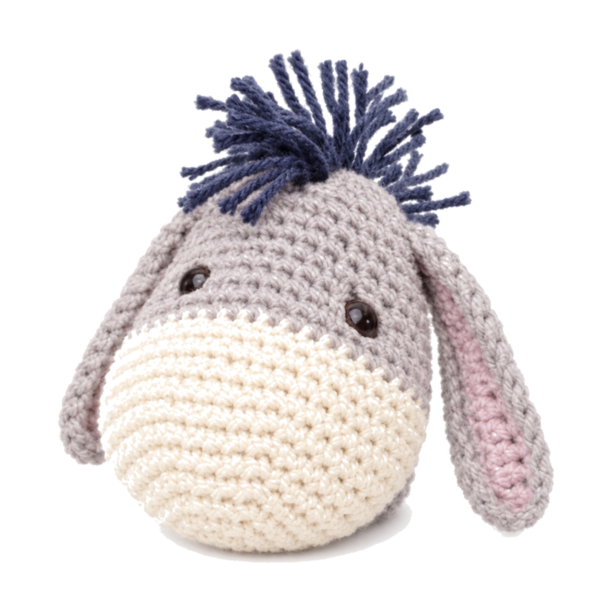 Close-up of the crochet donkey pattern's face, with its cream muzzle band and safety eyes