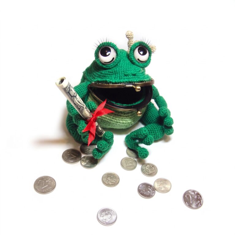 The finished crochet frog purse pattern — a green crocheted frog with a gold purse frame, a crown and coins spilling from its mouth