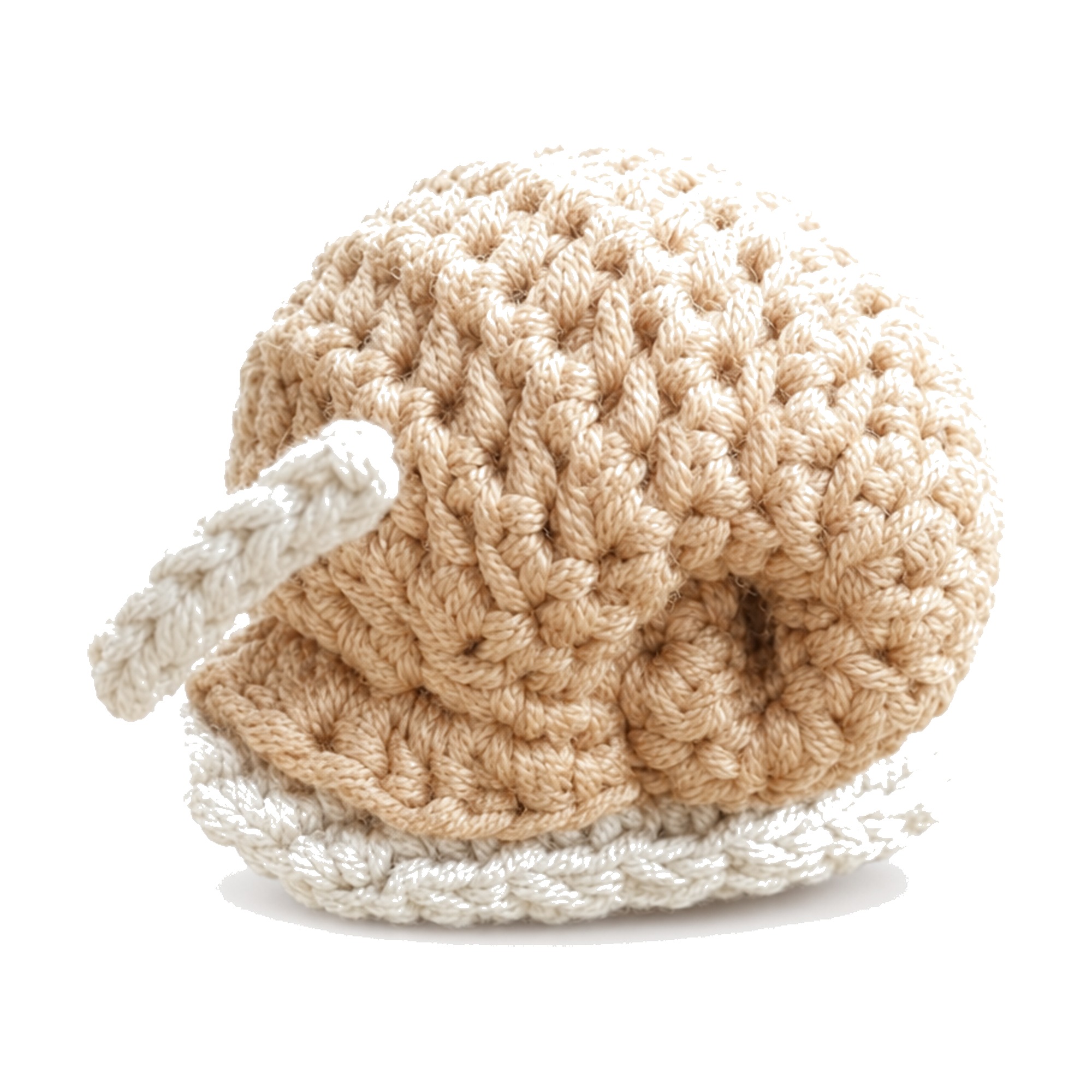 Close-up of the rolled shell on the crochet garden snail pattern