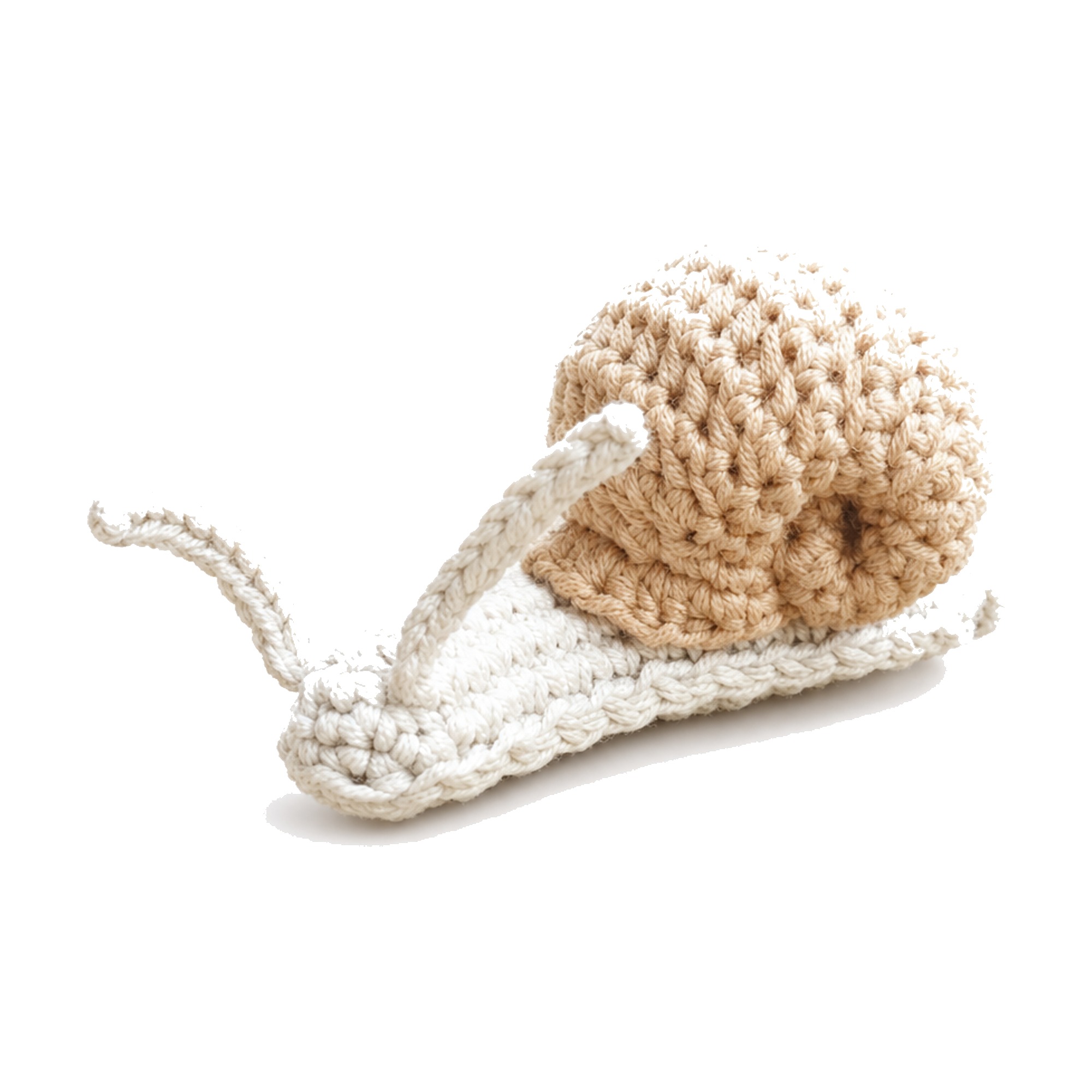 The finished crochet garden snail pattern, front view of the whole snail