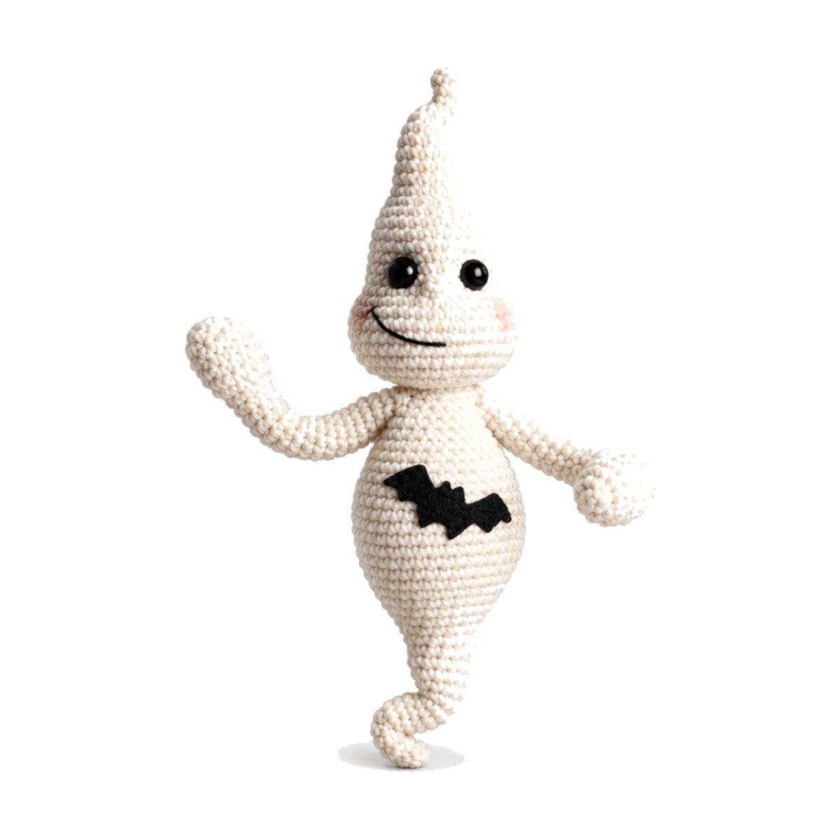 Crochet ghost pattern amigurumi with a smiling face and bat belly, front view