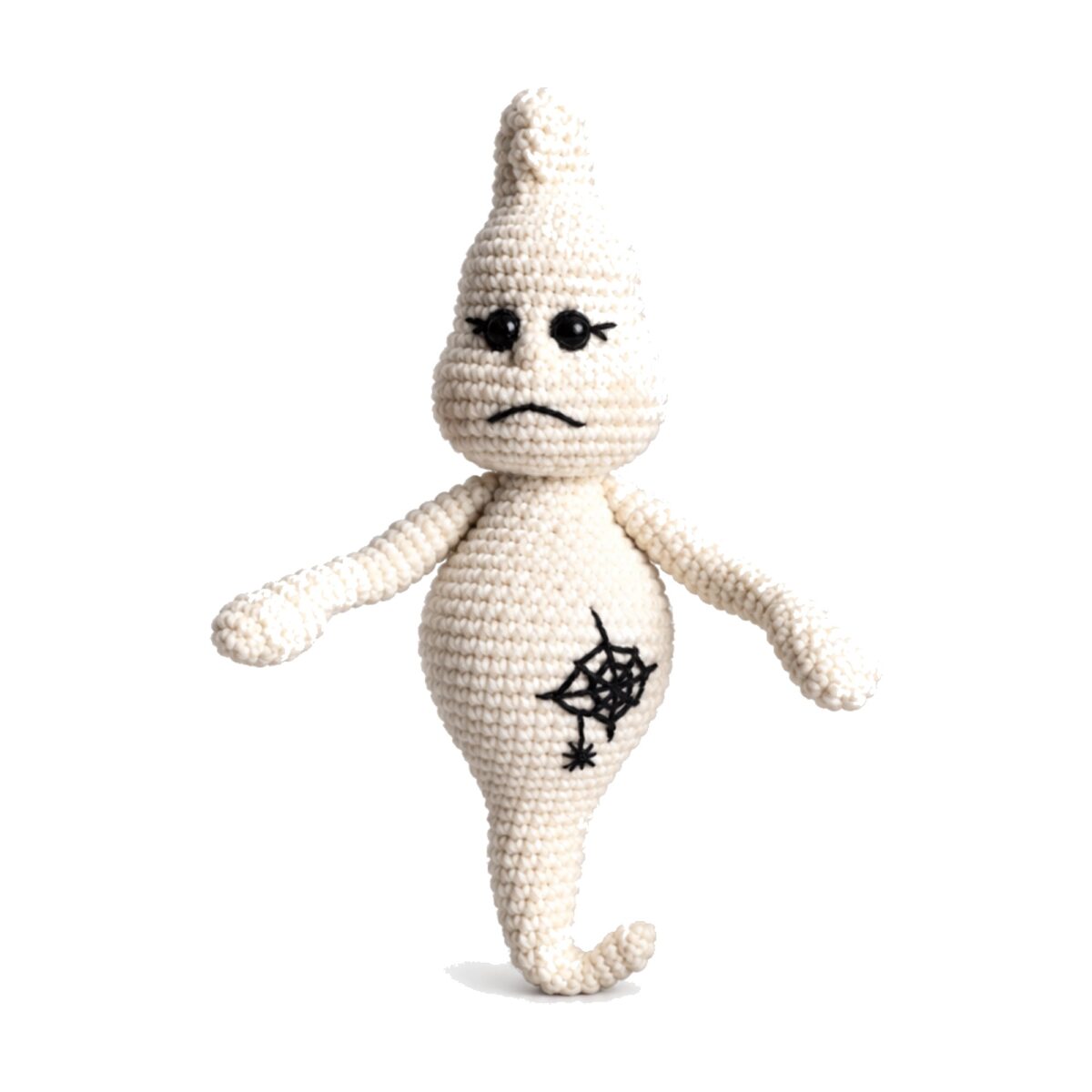Crochet ghost pattern amigurumi frowning with an embroidered spiderweb belly