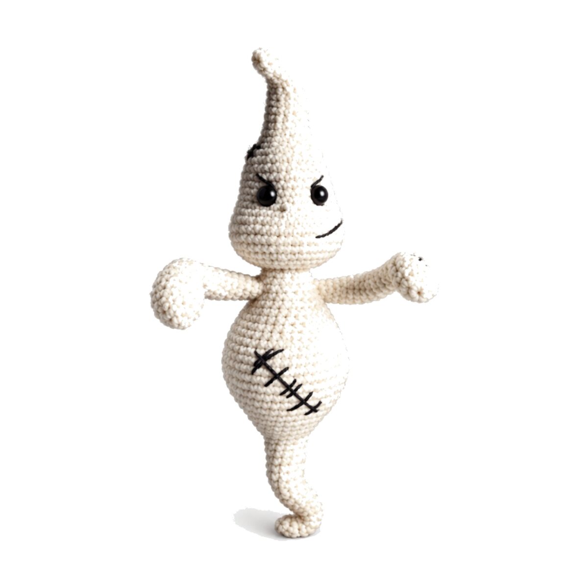 Crochet ghost pattern amigurumi smirking with a stitched-scar belly