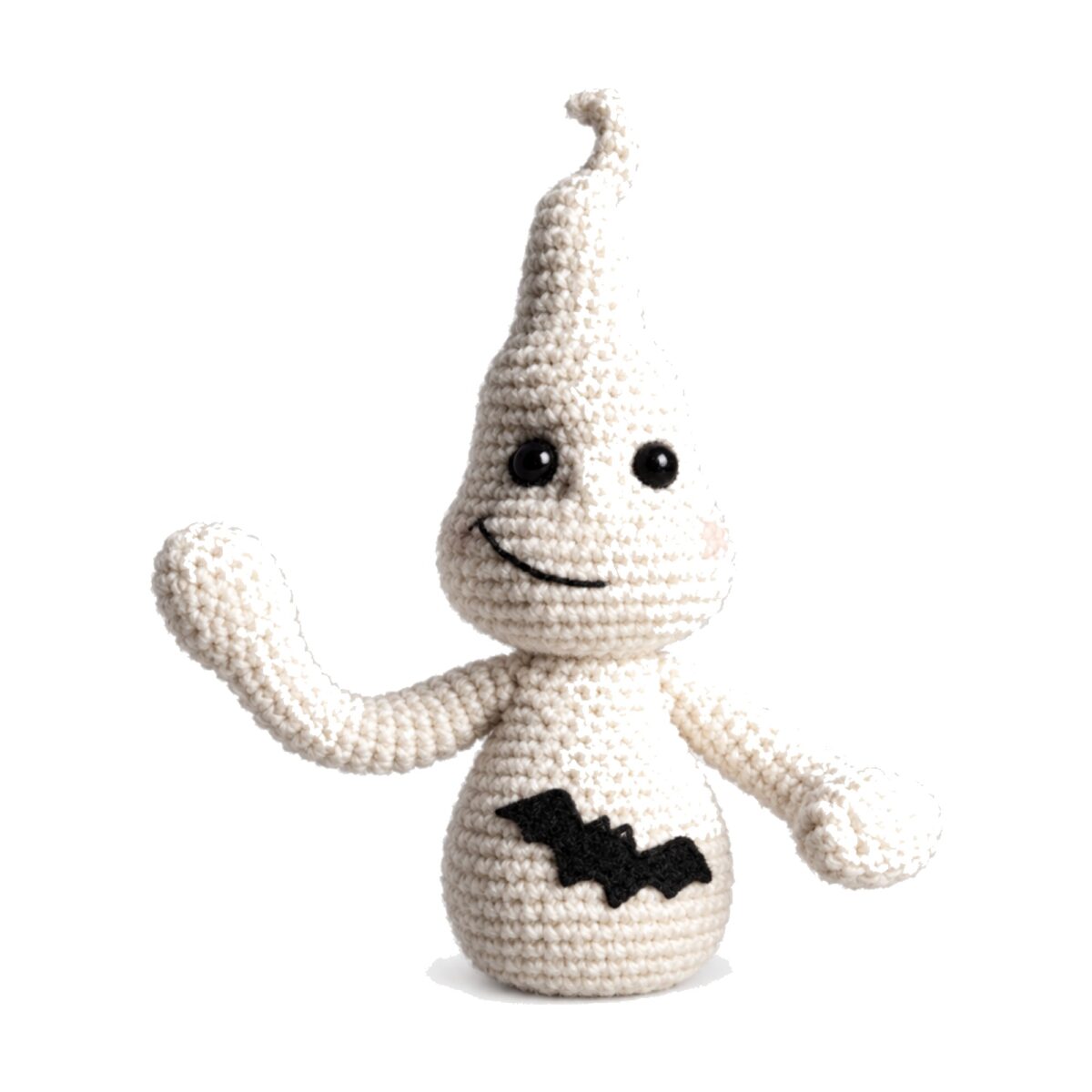 Close-up of the crochet ghost pattern amigurumi's embroidered smiling face