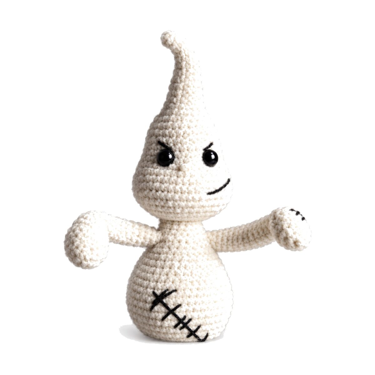 Close-up of the crochet ghost pattern amigurumi's head and wire-stiffened point