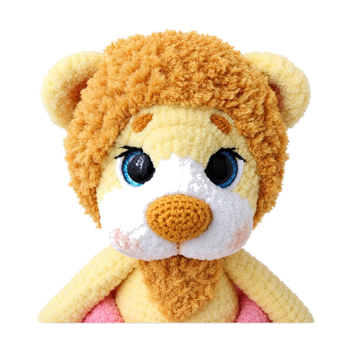Crochet lion cub pattern, face close-up, from the SageandSilky lion cub amigurumi PDF