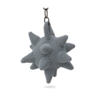 Crochet mace toy pattern spiked ball shown hanging by its chain and hook