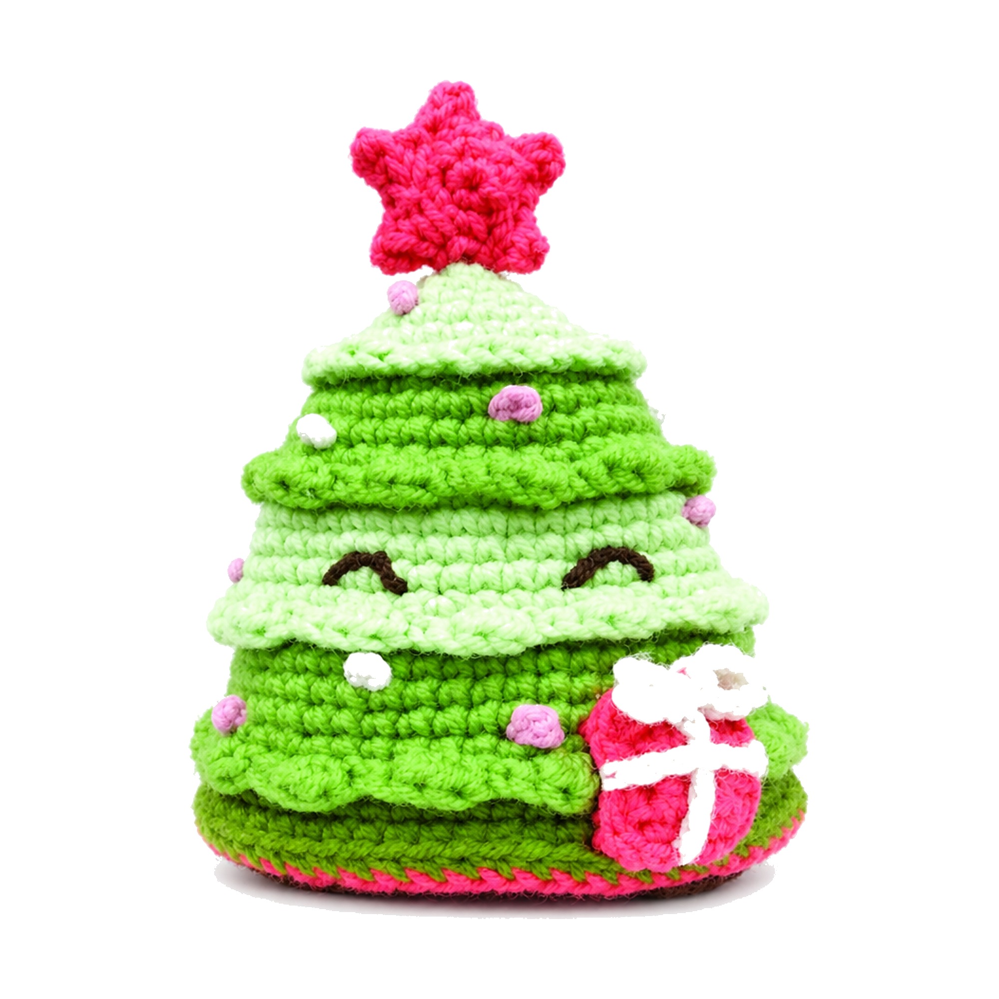 The finished crochet Christmas tree amigurumi from the pattern, front view with a tiered green cone, star and gift box