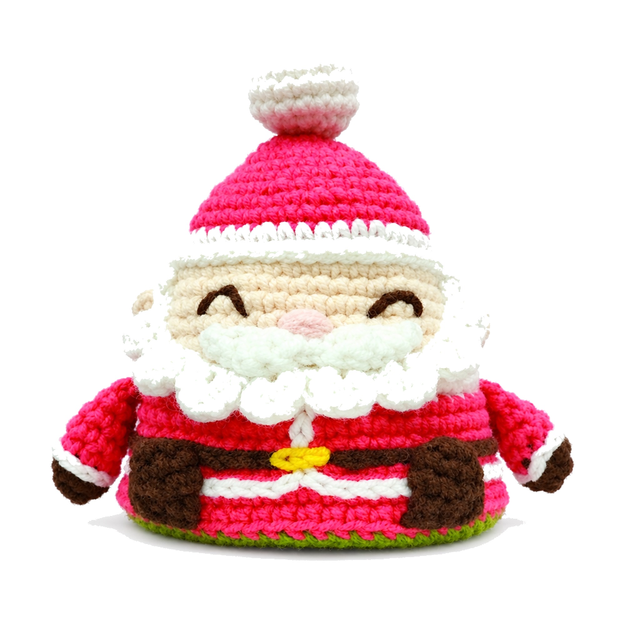 The finished crochet Santa amigurumi from the pattern, front view with pink suit, white beard and pom-pom hat