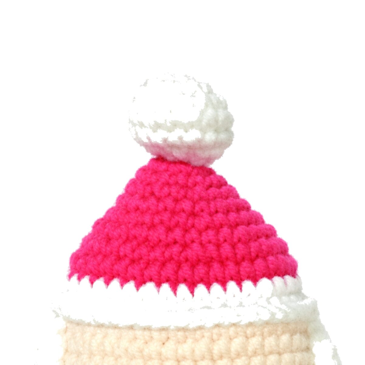 Crochet Santa Christmas tree pattern Santa hat detail, pink hat with pom-pom close-up