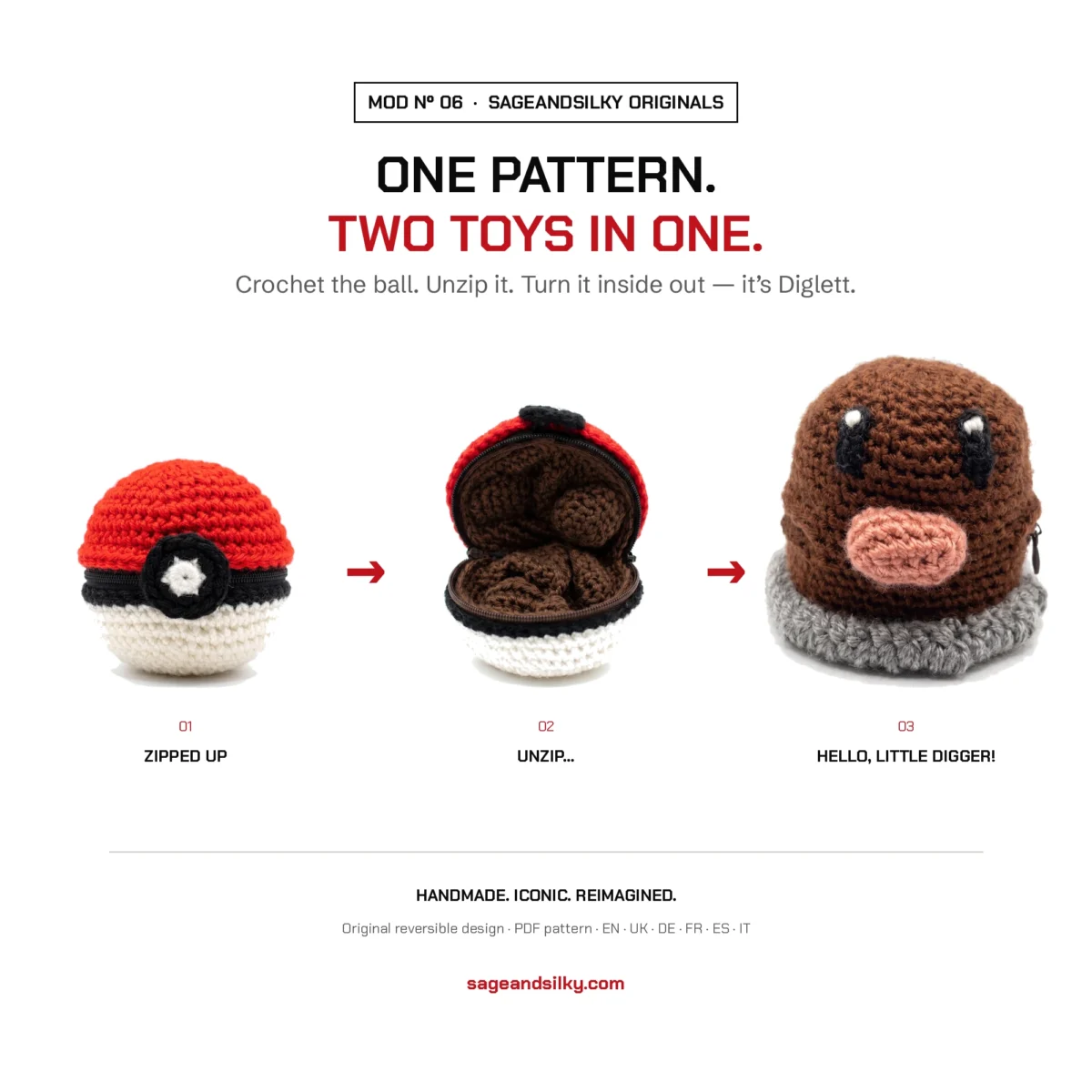 Diglett reversible crochet pattern — three-step reveal from ball to toy, MOD Nº 06