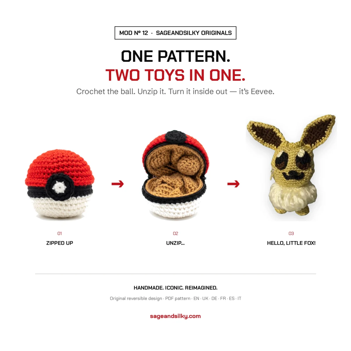 Eevee reversible crochet pattern — three-step reveal from ball to toy, MOD Nº 12