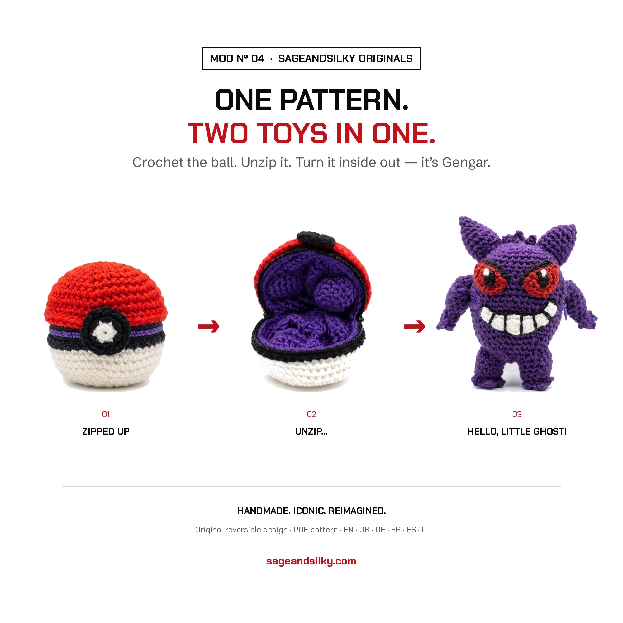 Gengar reversible crochet pattern — three step reveal from ball to toy