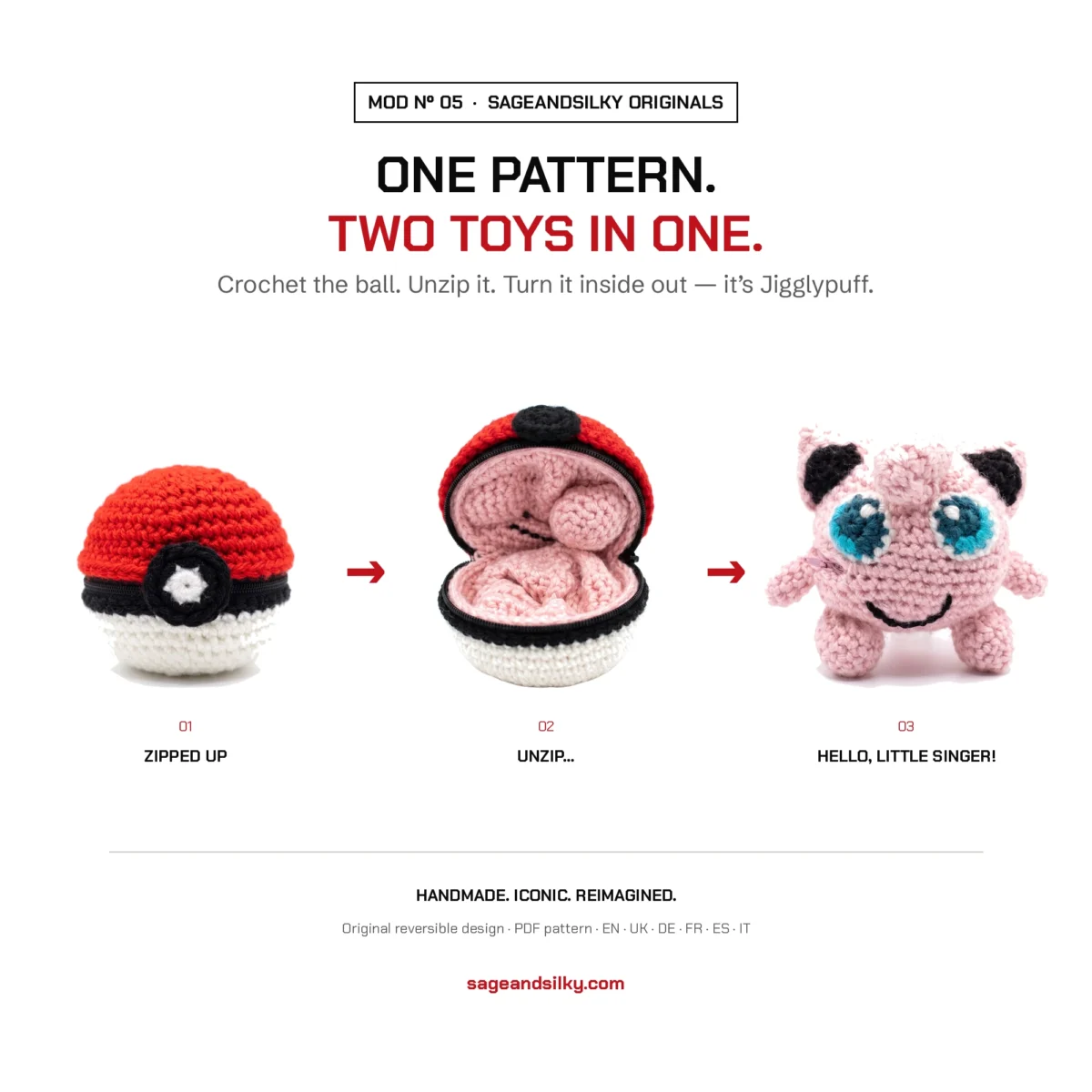 Jigglypuff reversible crochet pattern — three-step reveal from ball to toy, MOD Nº 05