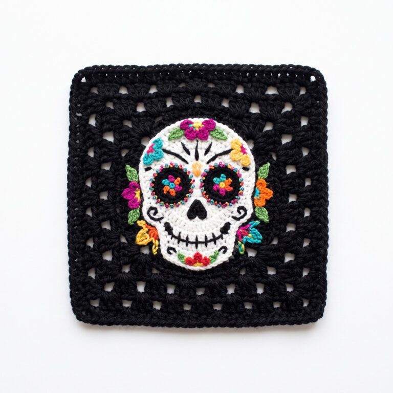 Sugar Skull Granny Square crochet pattern — crochet skull granny square (SageandSilky MOD Nº 74)