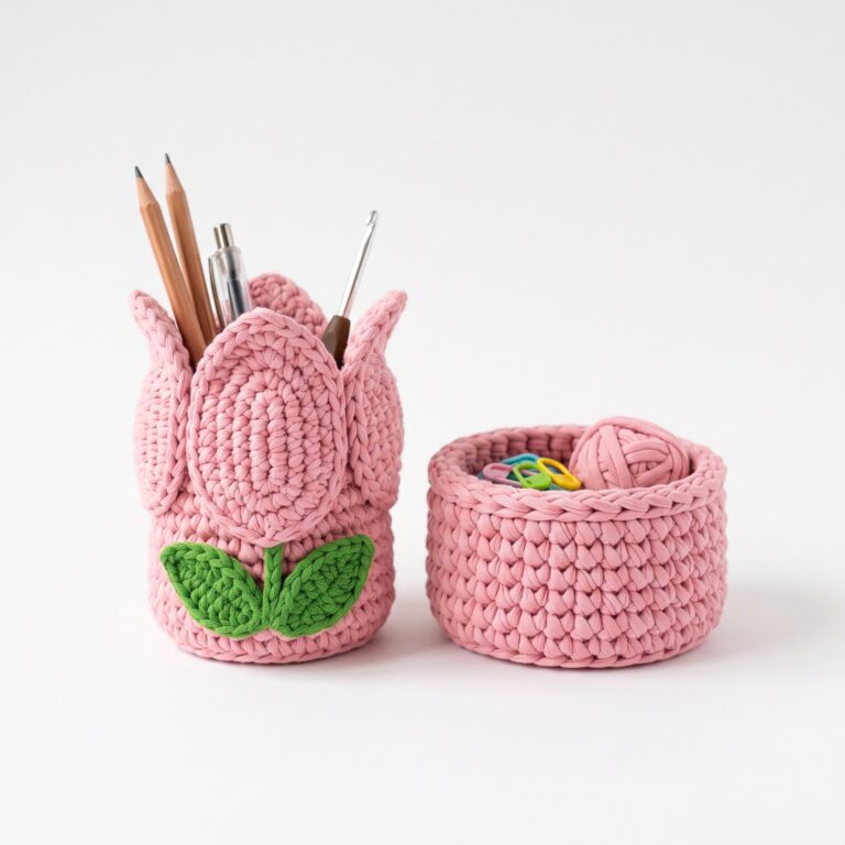 Tulip Pen Holder & Basket crochet pattern — crochet basket pattern no sew (SageandSilky MOD Nº 96)