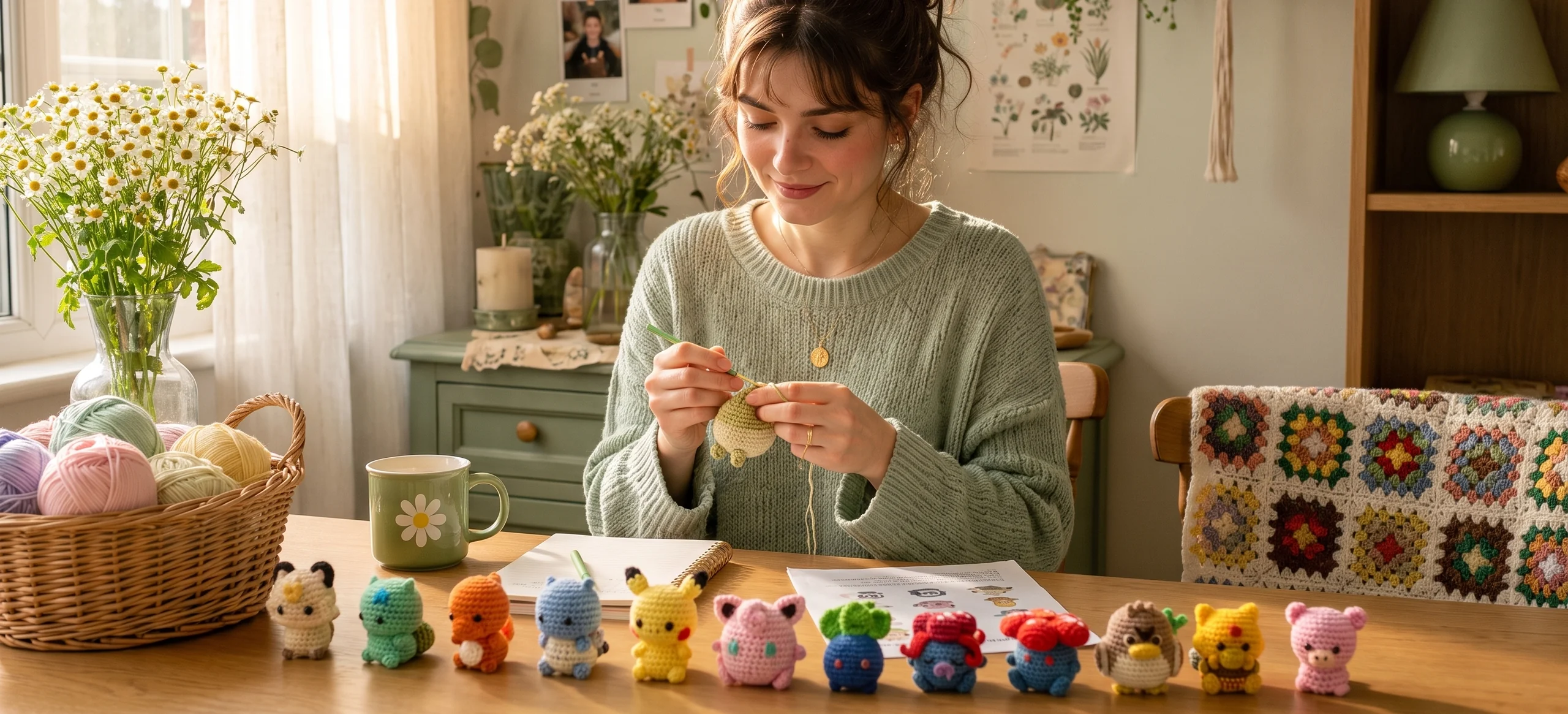 Silky crocheting a row of thumb-sized mini amigurumi from the SageandSilky 62-in-1 collection at her sunlit craft table