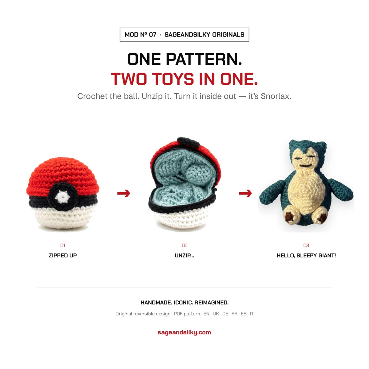 Snorlax reversible crochet pattern — three-step reveal from ball to toy, MOD Nº 07