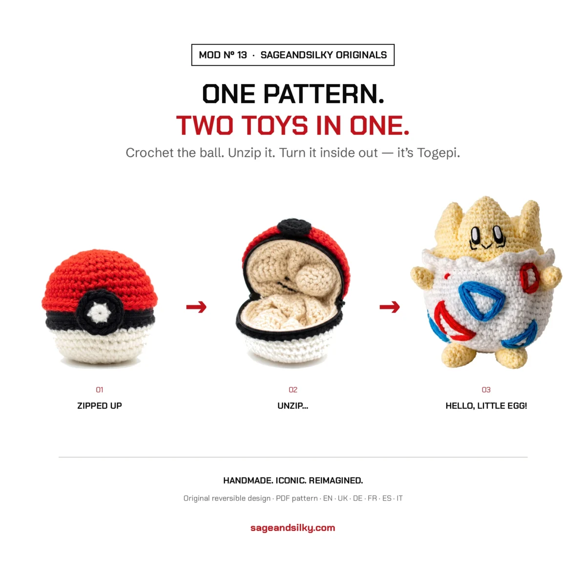 Togepi reversible crochet pattern — three-step reveal from ball to toy, MOD Nº 13
